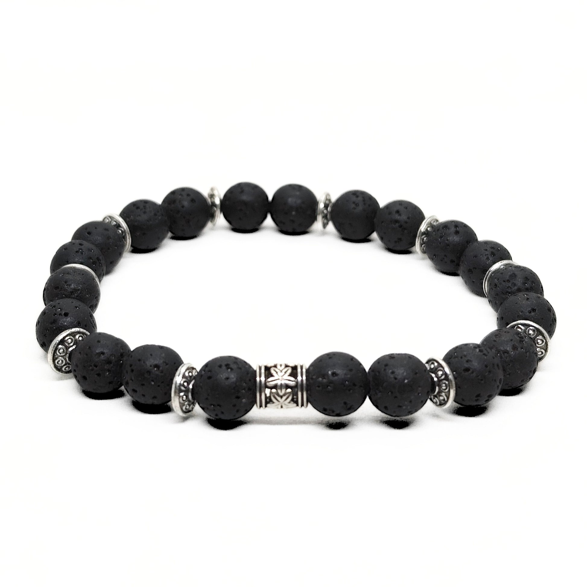 Men's black lava stone bead bracelet with silver-tone barrel and hinge beads