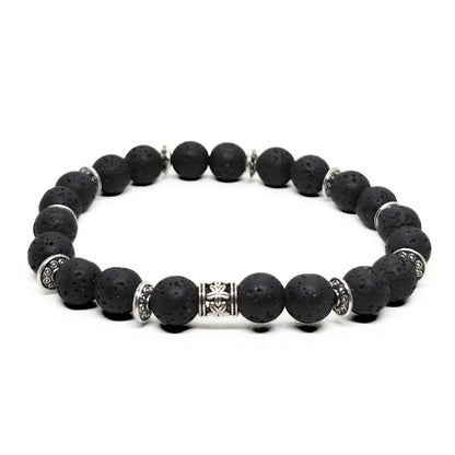 Men's black lava stone bead bracelet with silver-tone barrel and hinge beads