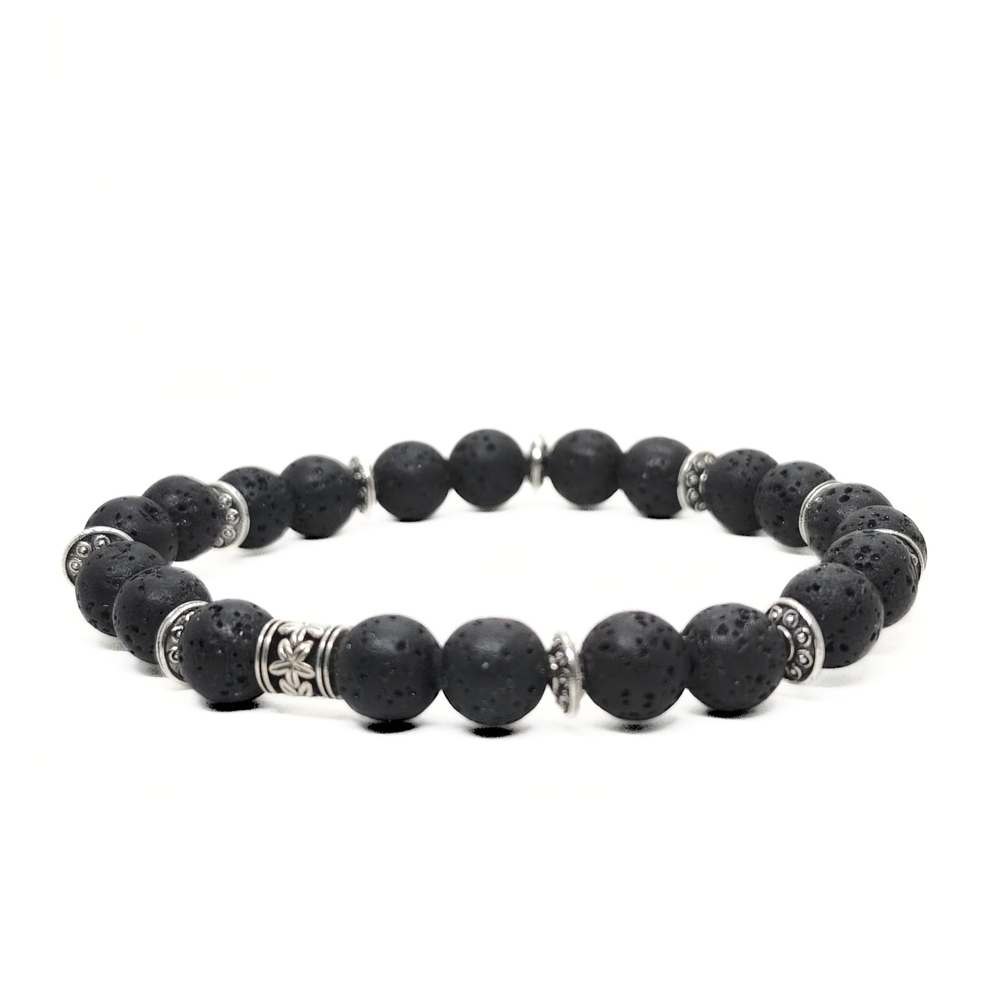 Men's lava stone bead bracelet with silver-tone stainless spacer and clasp detail