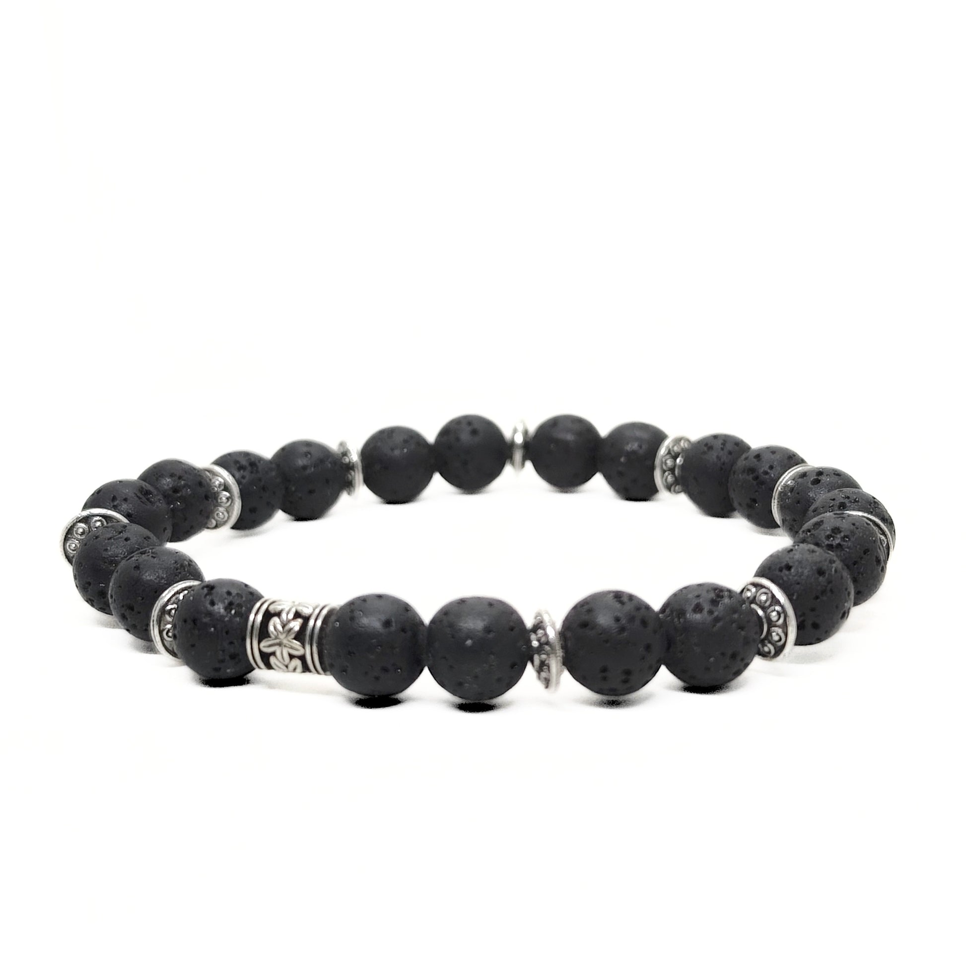 Men's lava stone bead bracelet with silver-tone stainless spacer and clasp detail