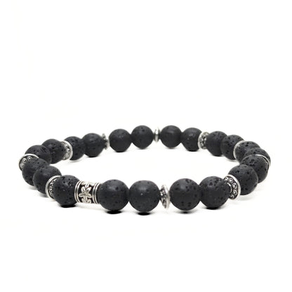 Men's lava stone bead bracelet with silver-tone stainless spacer and clasp detail