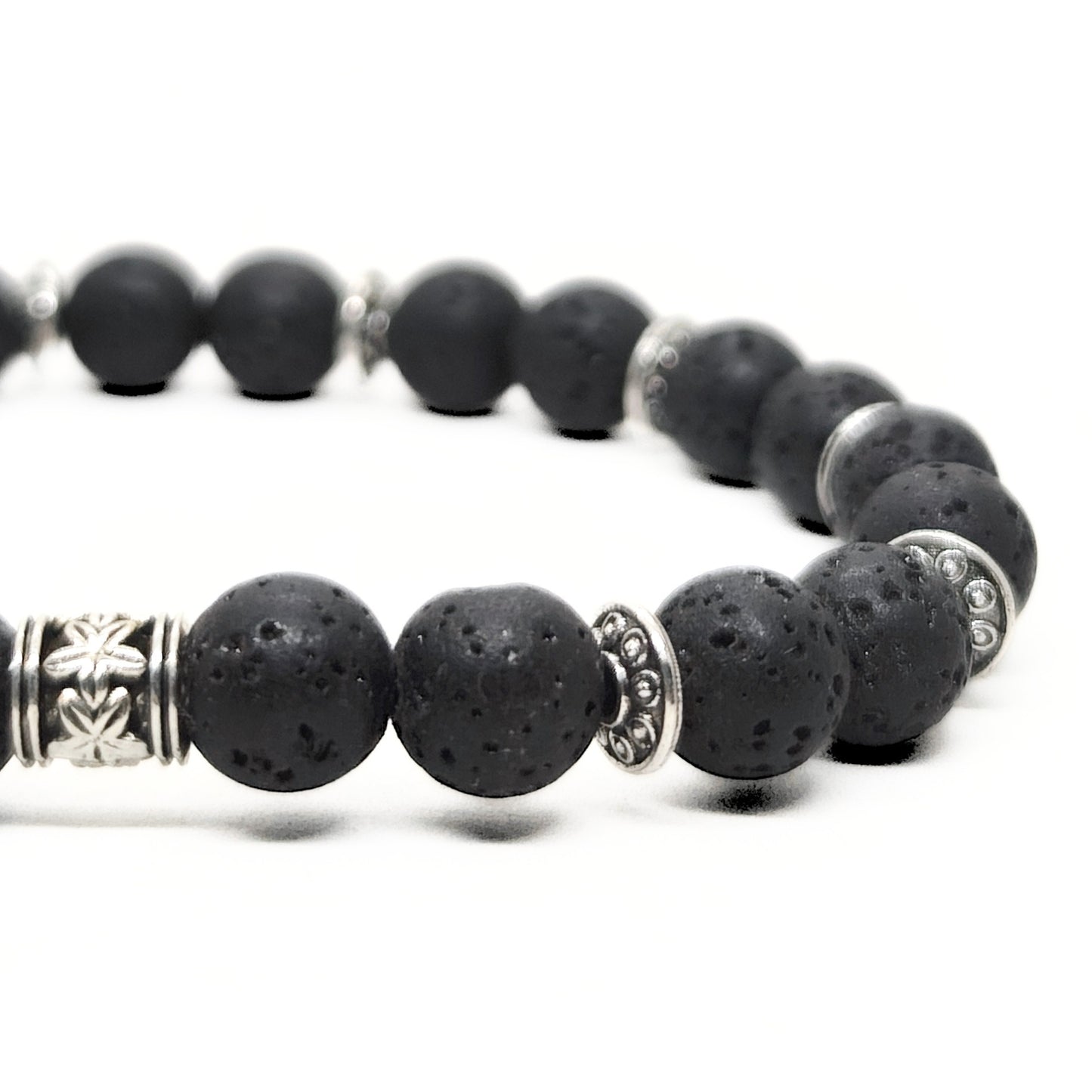 Obsidian Conduit Bundle B-123 G-12 features black lava stone beads and silver accents, designed as a men's bracelet.