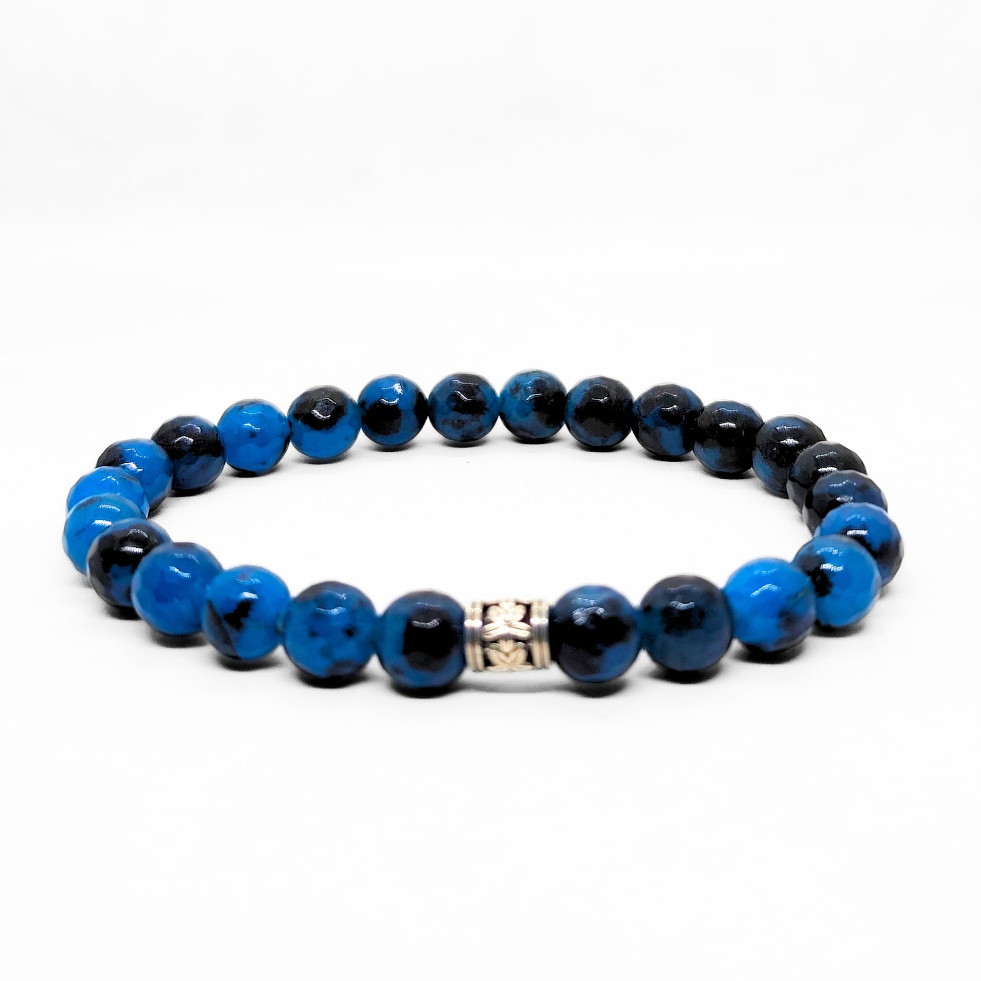 Men's blue and black stone bracelet with silver center ornament