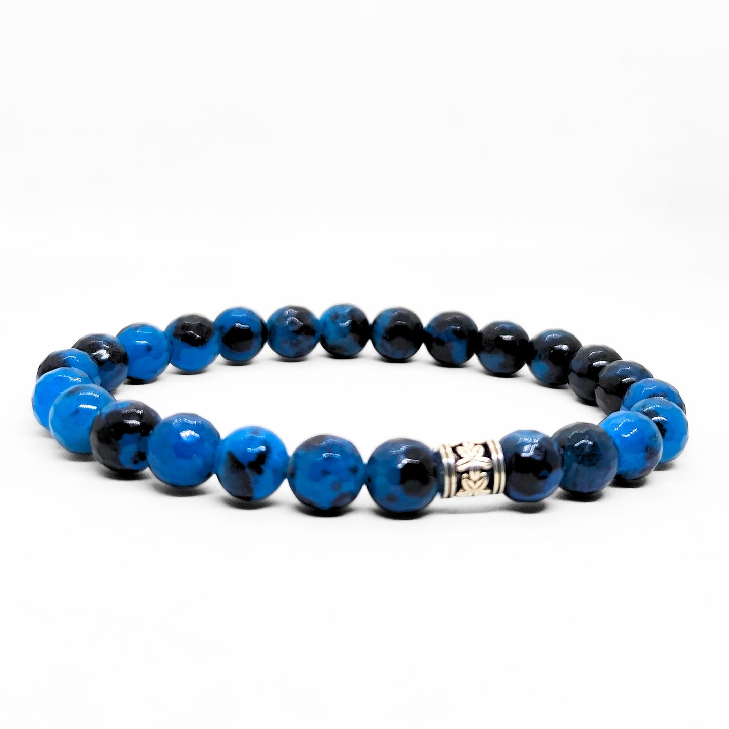 Men's blue and black stone bead bracelet with silver center clasp ornament