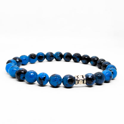 Men's blue and black stone bead bracelet with silver center clasp ornament