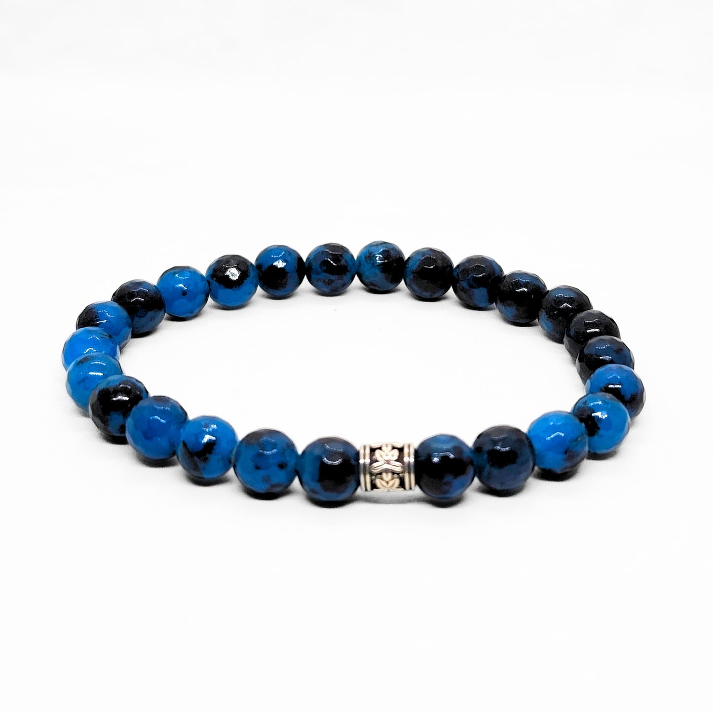 Men's blue and black beaded stone bracelet with silver clasp detail