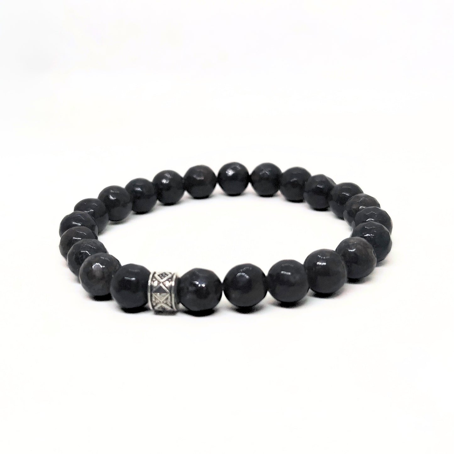G-15 Natural Black Onyx & Stainless Steel Executive Bracelet featuring black onyx beads and a decorative stainless steel acce