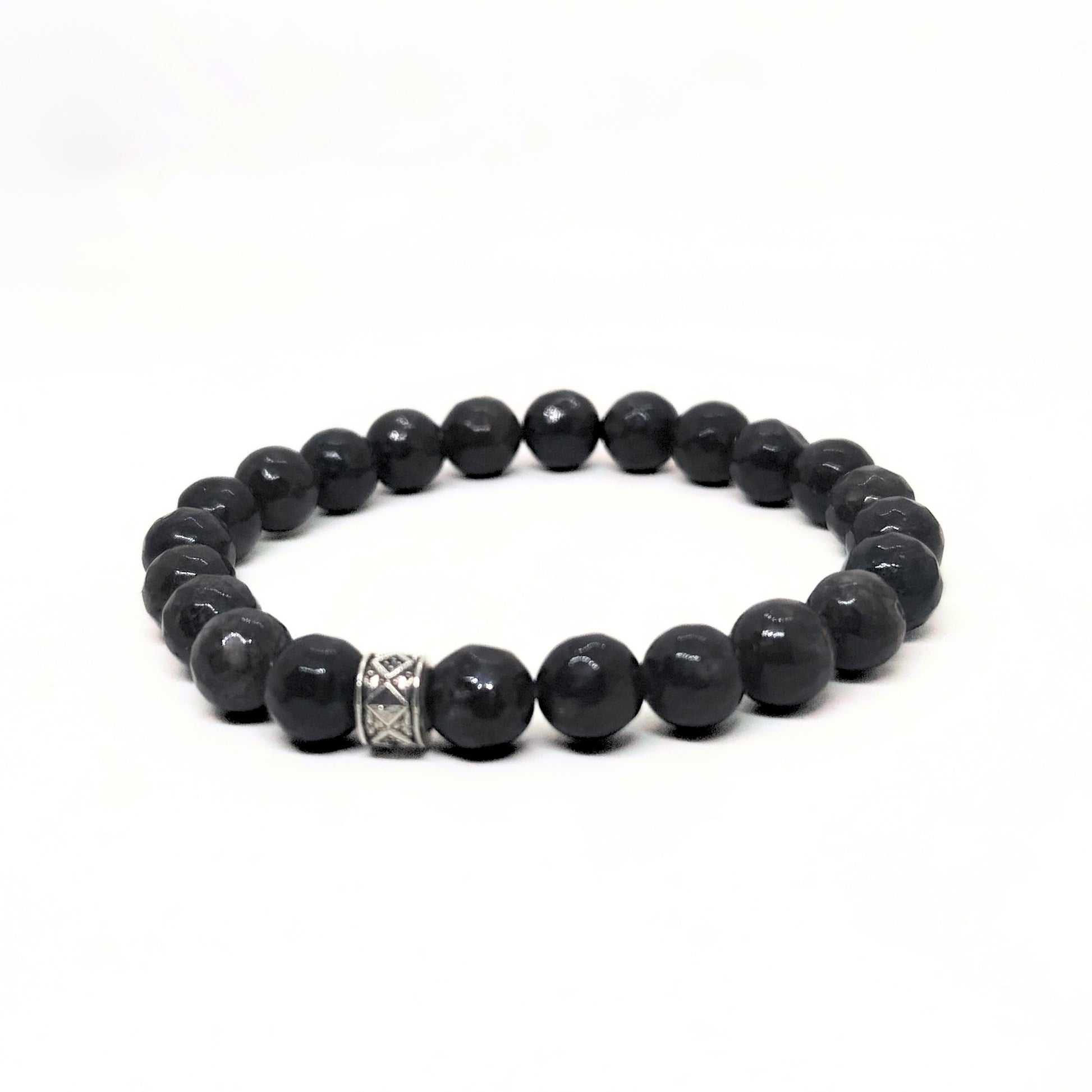 G-15 Natural Black Onyx & Stainless Steel Executive Bracelet featuring black onyx beads and a decorative stainless steel acce