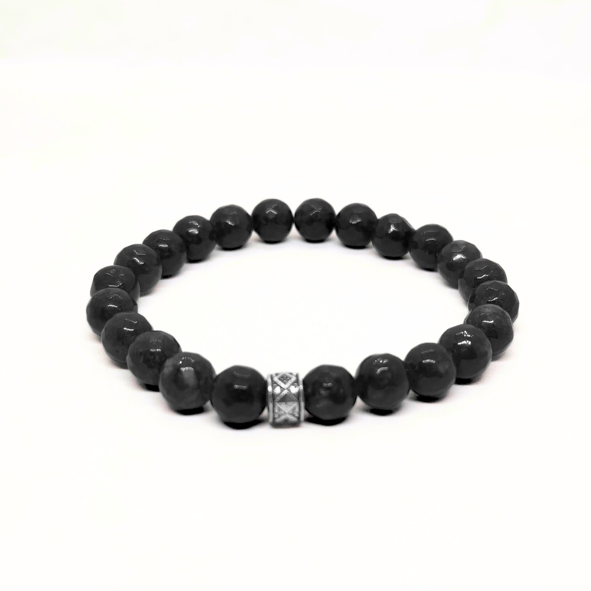 G-15 Natural Black Onyx & Stainless Steel Executive Bracelet featuring glossy black beads with a decorative stainless steel a