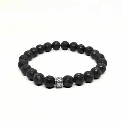 G-15 Natural Black Onyx & Stainless Steel Executive Bracelet featuring glossy black beads with a decorative stainless steel a