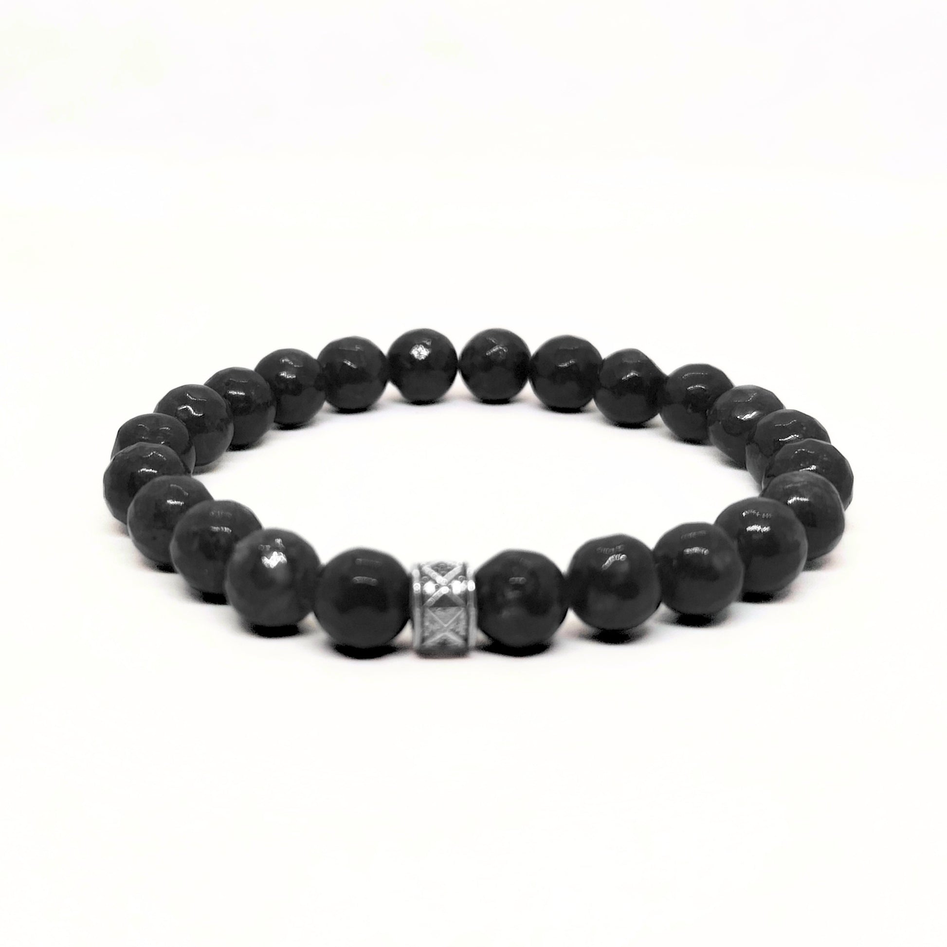 G-15 Natural Black Onyx & Stainless Steel Executive Bracelet featuring smooth black onyx beads with a decorative stainless st