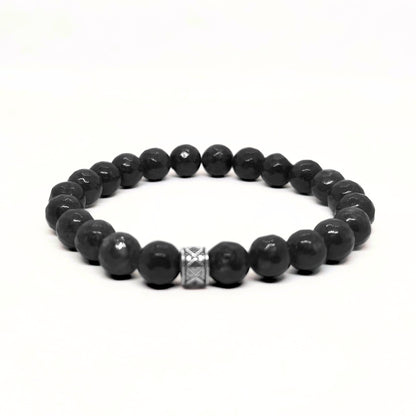 G-15 Natural Black Onyx & Stainless Steel Executive Bracelet featuring smooth black onyx beads with a decorative stainless st