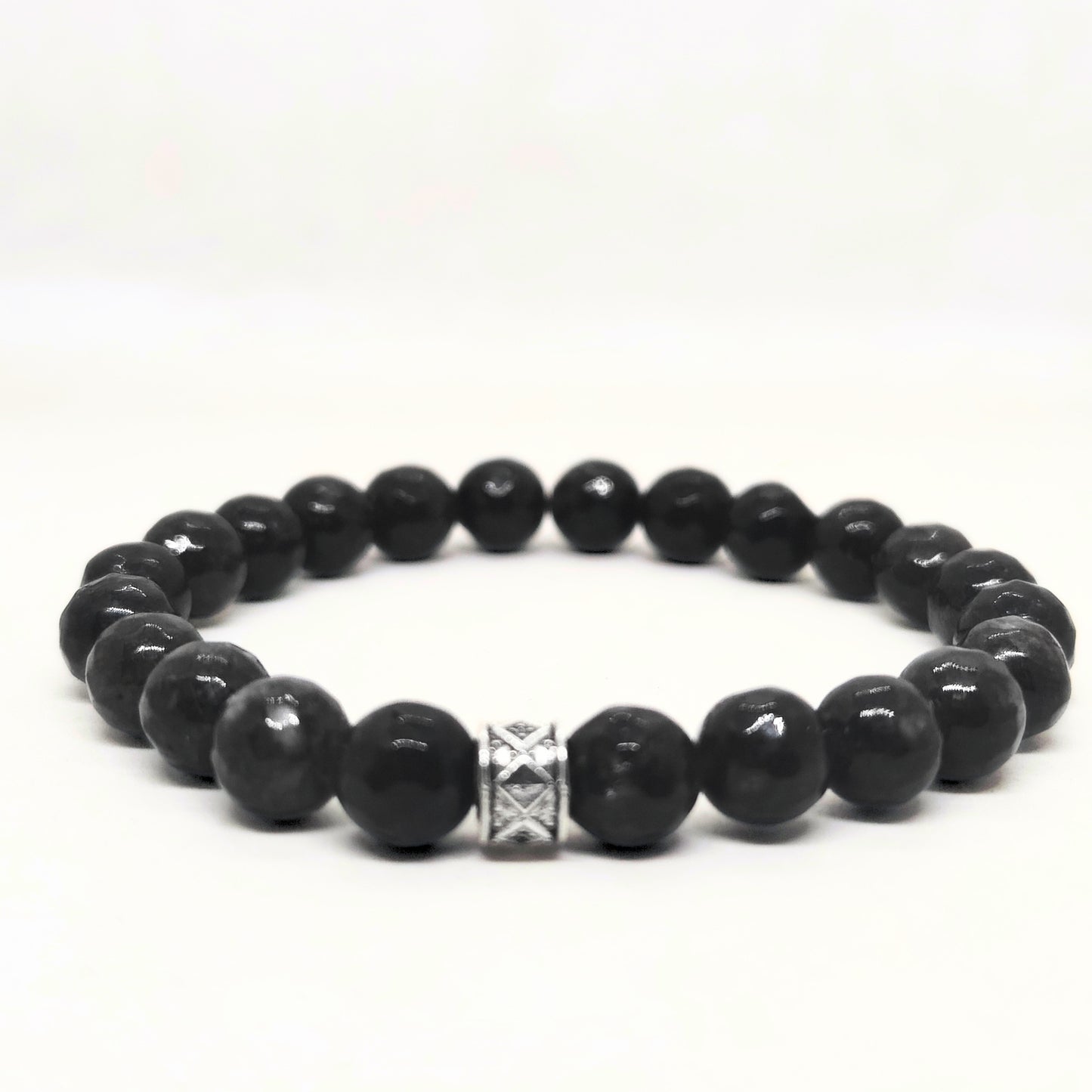 G-15 Natural Black Onyx & Stainless Steel Executive Bracelet featuring polished black onyx beads and a decorative stainless s