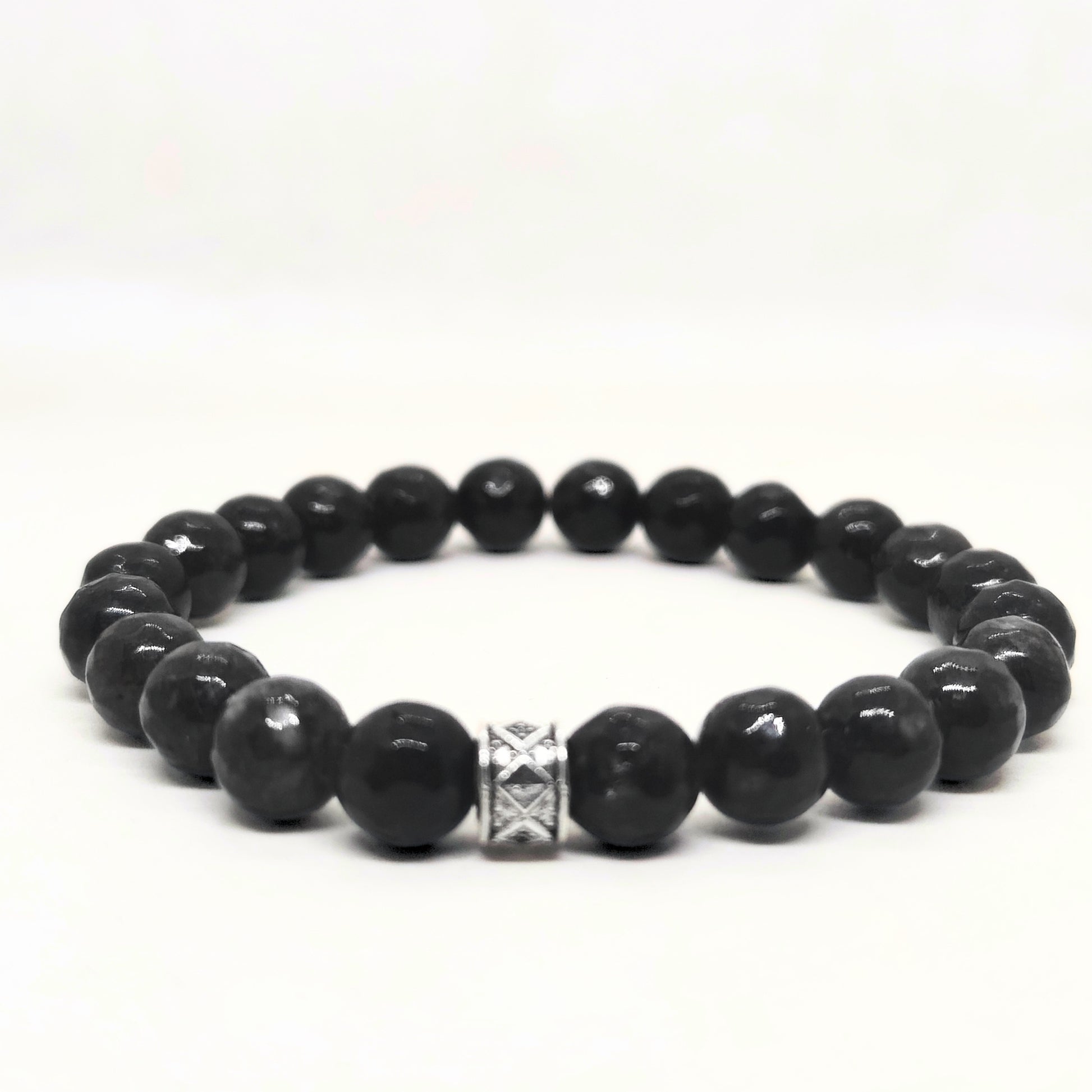 G-15 Natural Black Onyx & Stainless Steel Executive Bracelet featuring polished black onyx beads and a decorative stainless s