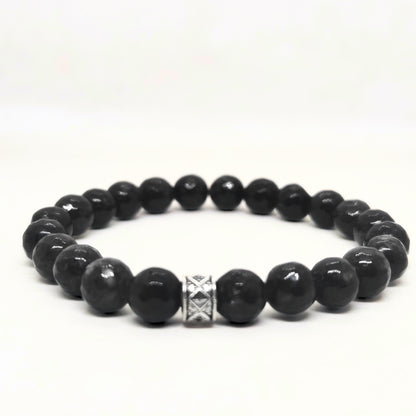 G-15 Natural Black Onyx & Stainless Steel Executive Bracelet featuring polished black onyx beads and a decorative stainless s