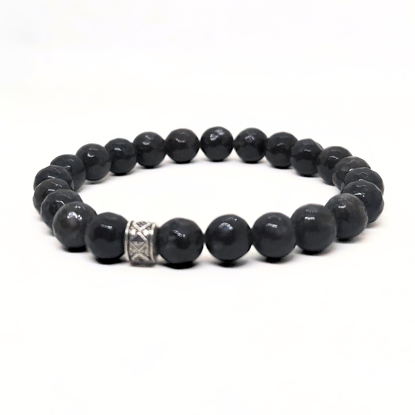 G-15 Natural Black Onyx & Stainless Steel Executive Bracelet featuring smooth black onyx beads and a decorative stainless ste