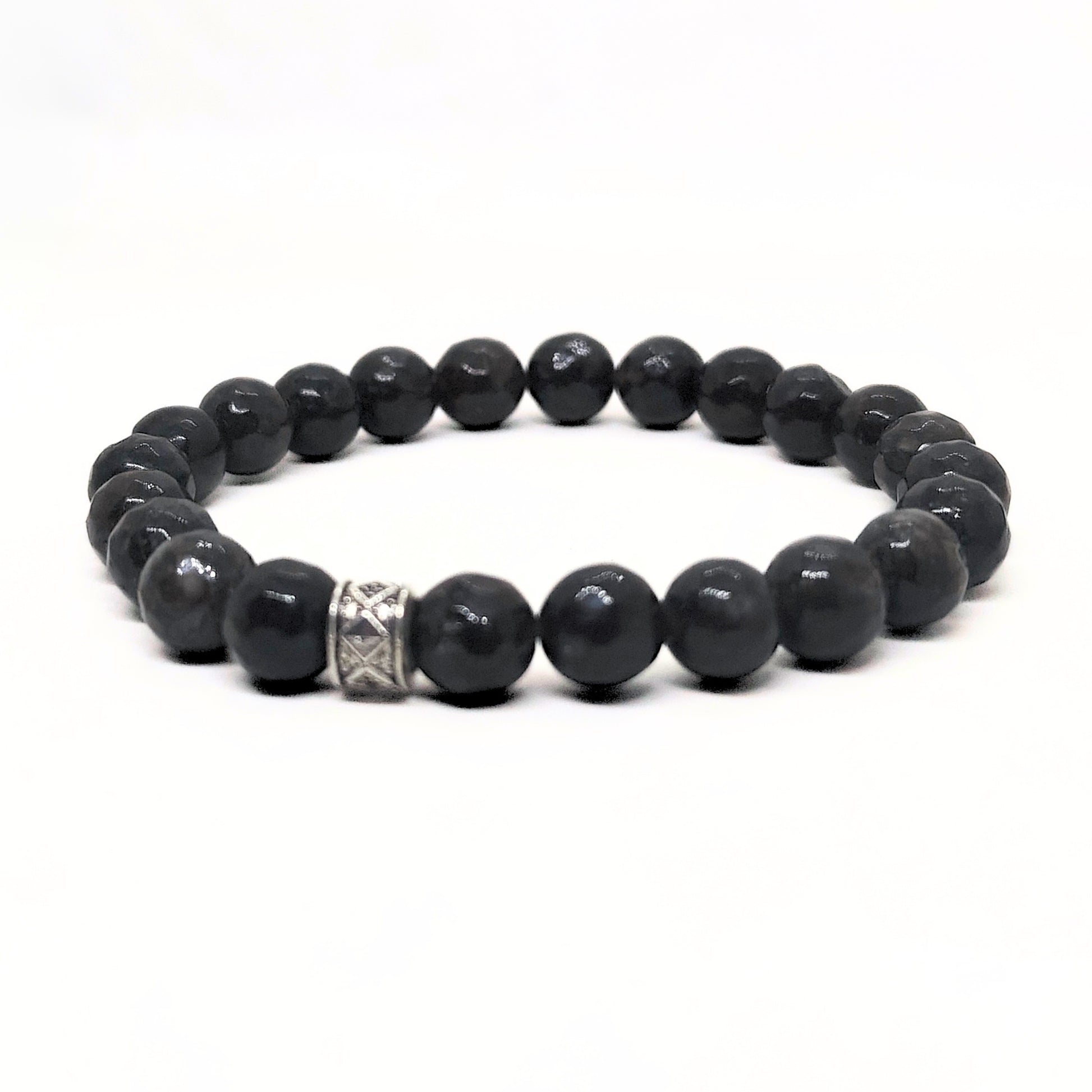 G-15 Natural Black Onyx & Stainless Steel Executive Bracelet featuring smooth black onyx beads and a decorative stainless ste