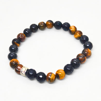 Mens beaded bracelet, dark blue beads with amber tiger eye accents and a silver patterned center piece