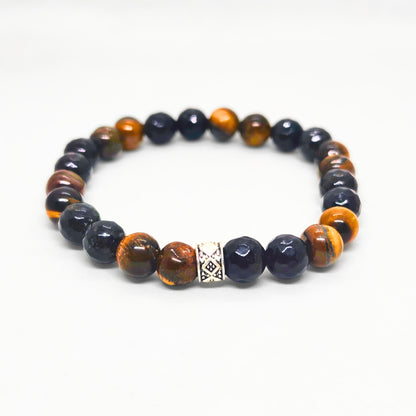Mens tiger eye and dark navy beaded bracelet with silver geometric centerpiece bead