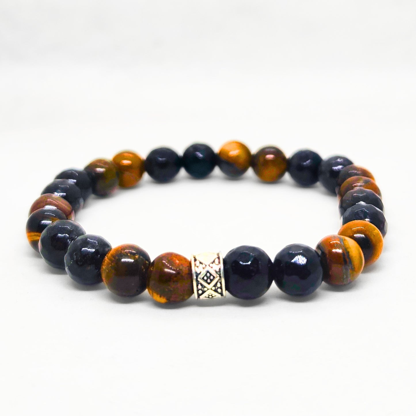 Mens beaded bracelet with dark navy and amber tiger eye beads plus silver geometric centerpiece