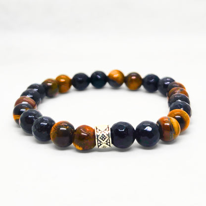 Mens beaded bracelet with dark navy and amber tiger eye beads plus silver geometric centerpiece