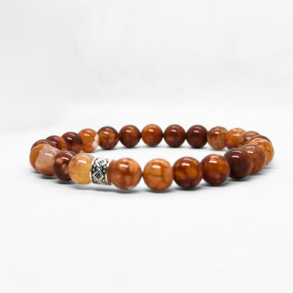 Men's beaded bracelet with warm brown stone beads and silver patterned spacer