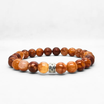 Men's beaded bracelet featuring mixed brown stones with a silver patterned spacer