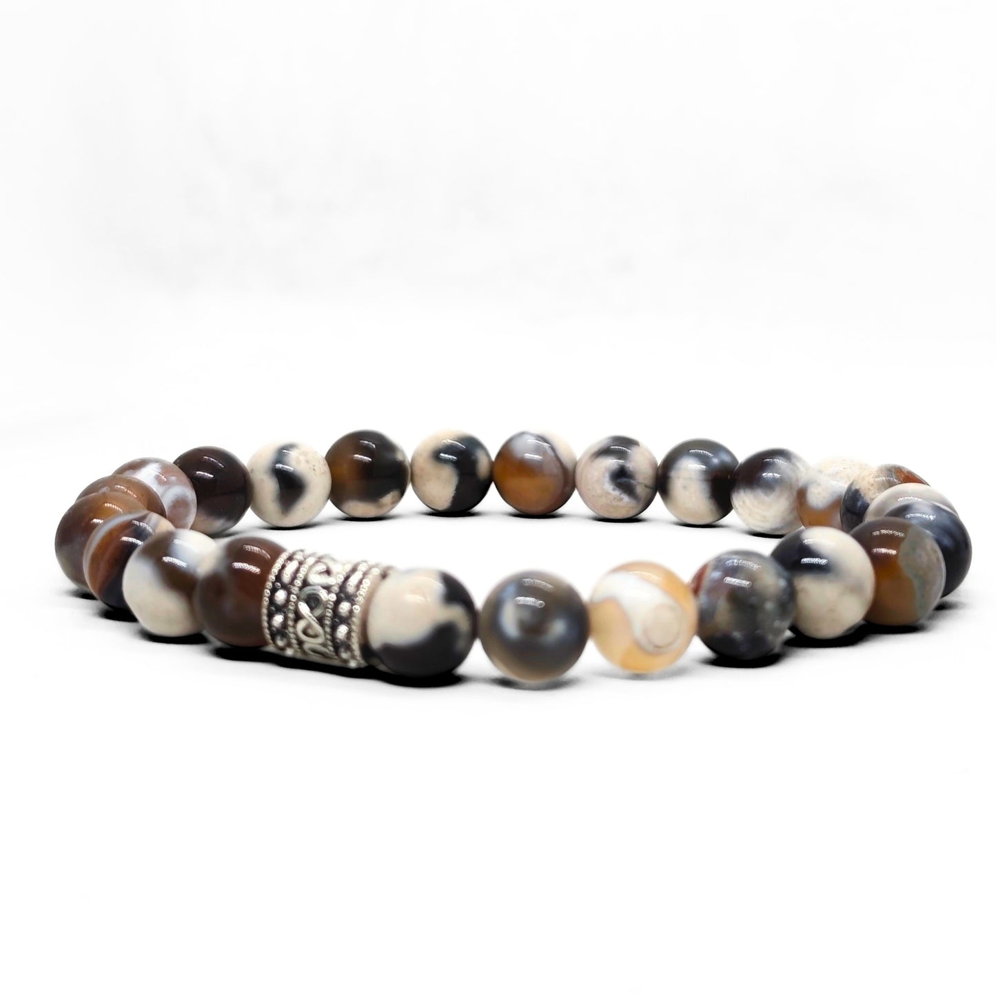 Natural Agate G-18 Stone Bracelet by Overpowered Accessories features smooth, multicolored agate beads with a decorative silv