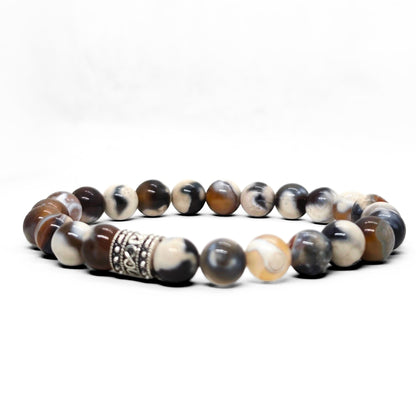 Natural Agate G-18 Stone Bracelet by Overpowered Accessories features smooth, multicolored agate beads with a decorative silv