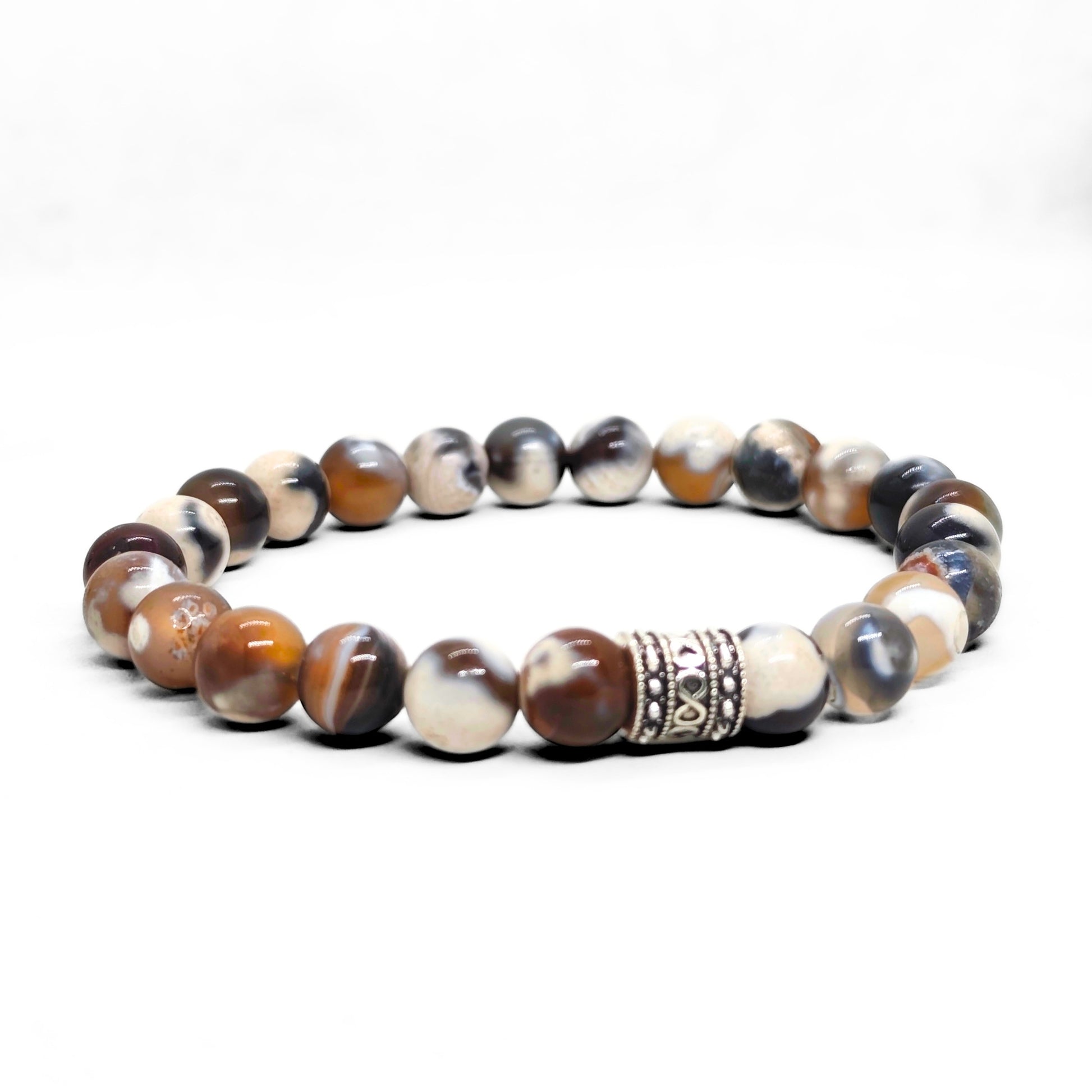 Natural Agate G-18 Stone Bracelet from Overpowered Accessories features smooth, multicolored agate beads with a decorative si