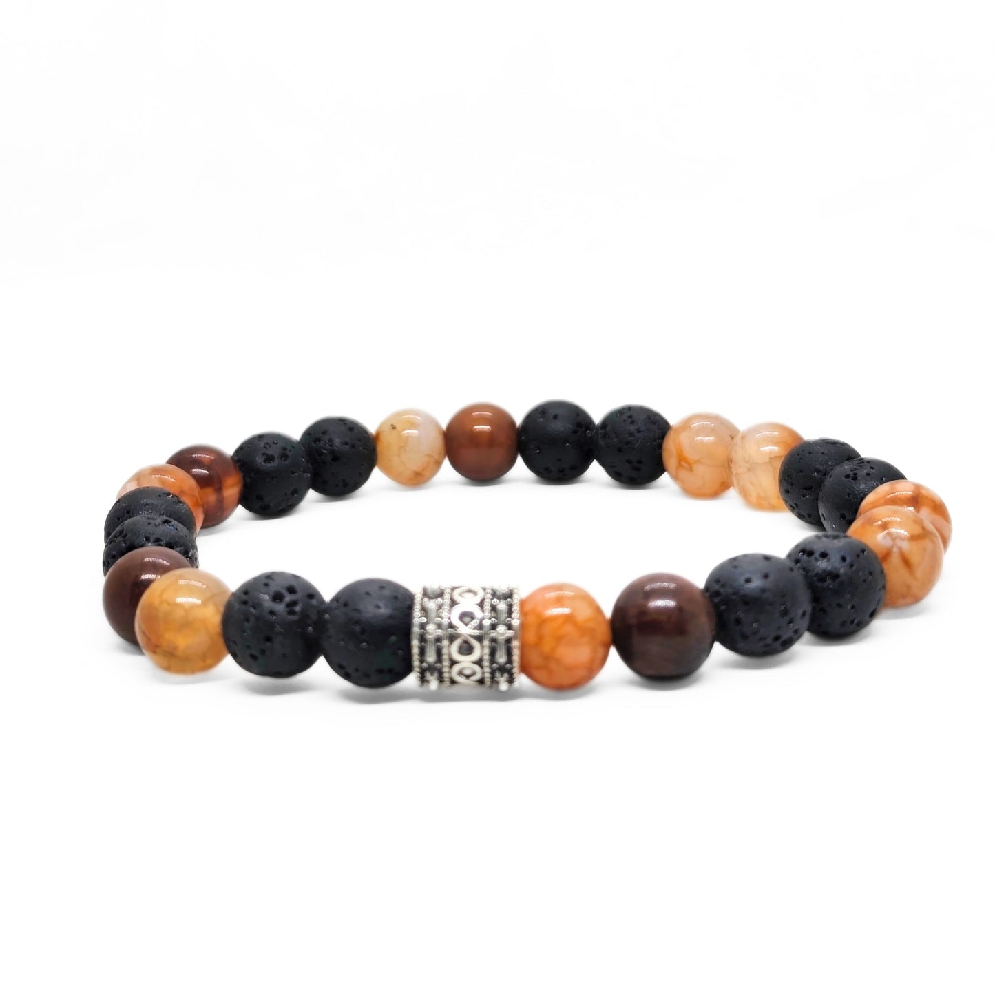 Natural Agate & Lava G-19 Stone Bracelet features black lava stones and warm-toned agate beads with a decorative silver space