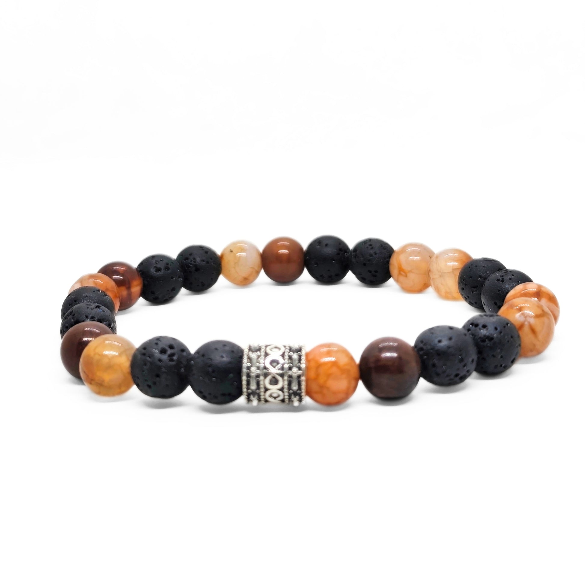 Natural Agate & Lava G-19 Stone Bracelet features black lava stones and warm-toned agate beads with a decorative silver space
