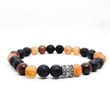 Natural Agate & Lava G-19 Stone Bracelet featuring black lava stones, orange agate beads, and a decorative silver spacer.