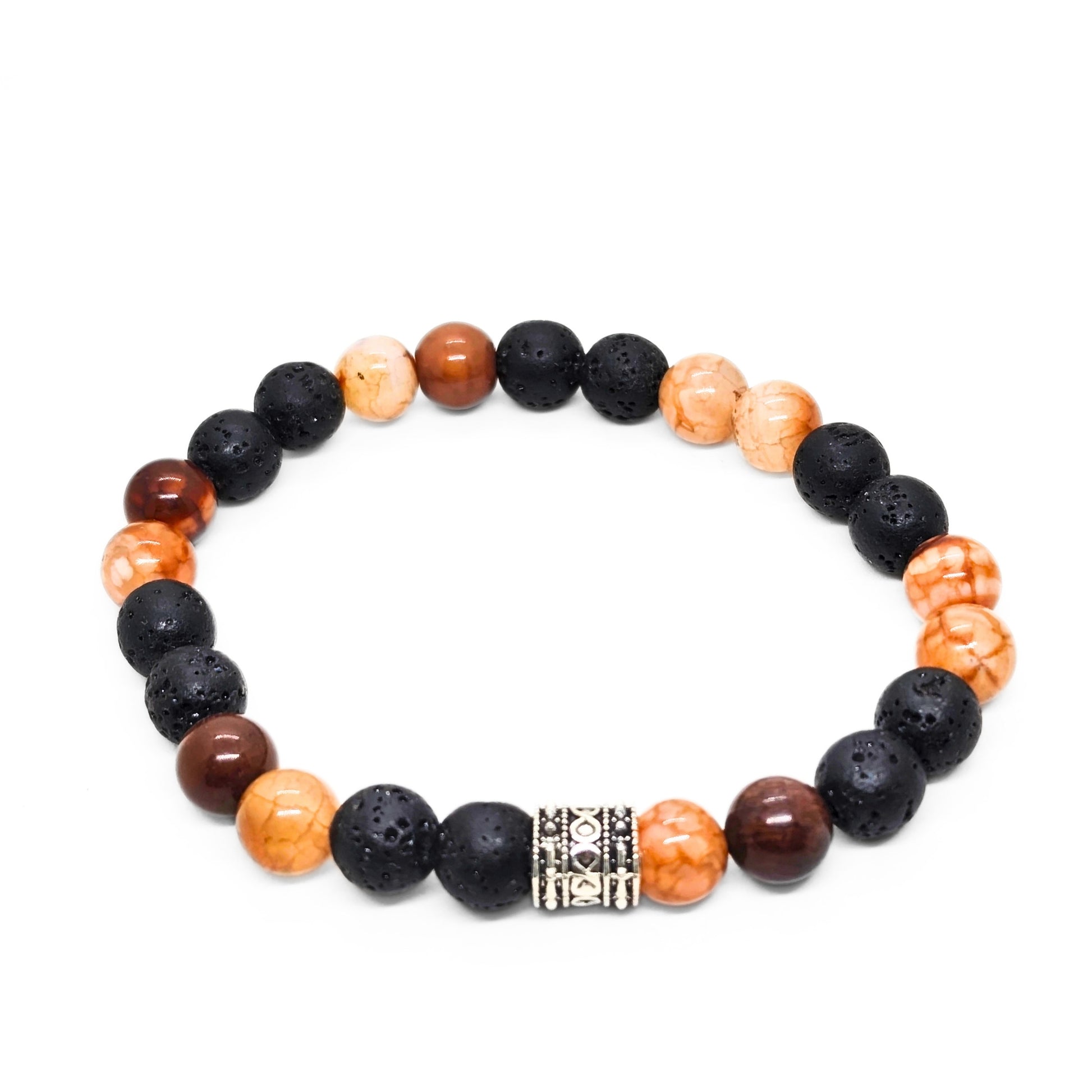 Natural Agate & Lava G-19 Stone Bracelet featuring black lava stones and warm-toned agate beads with a decorative silver spac