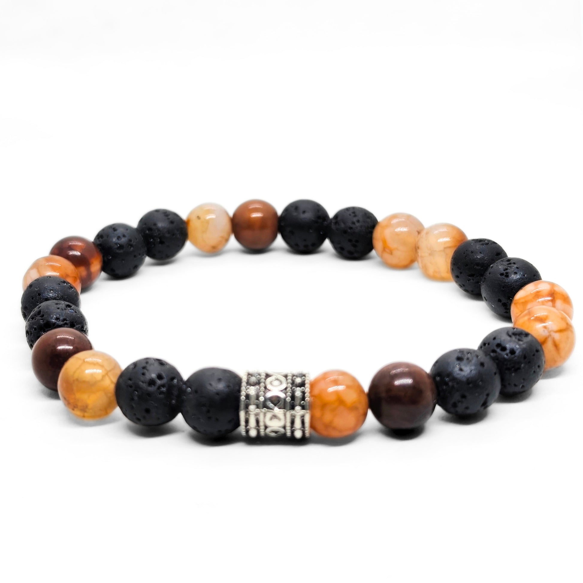 Natural Agate & Lava G-19 Stone Bracelet featuring black lava and warm agate beads with a decorative silver spacer.
