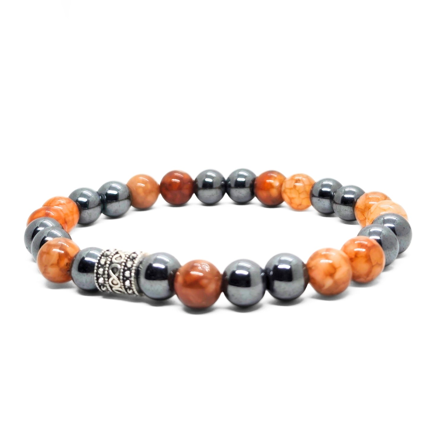 Natural Agate & Hematite G-20 Stone Bracelet featuring orange and gray beads with a decorative silver spacer. Ideal for men.