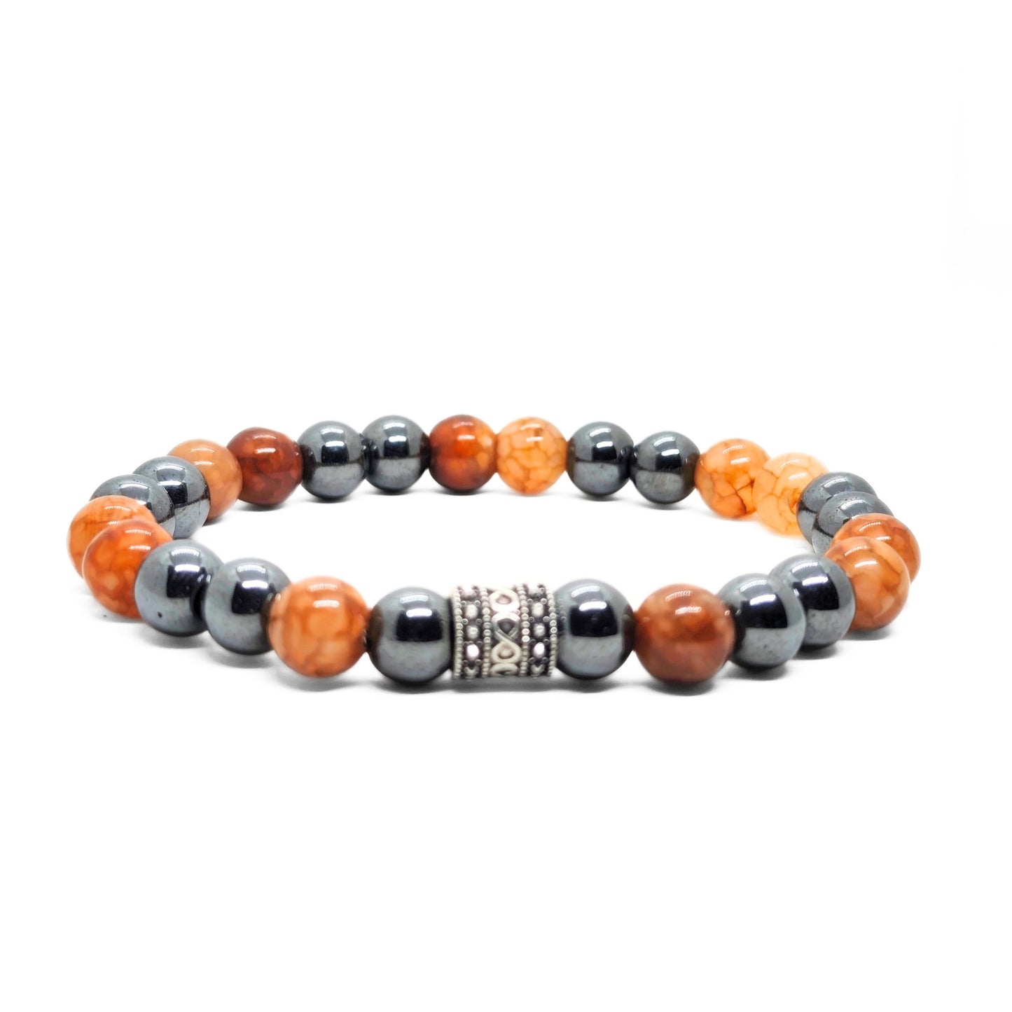 Natural Agate & Hematite G-20 Stone Bracelet featuring orange and gray beads with a decorative silver spacer.