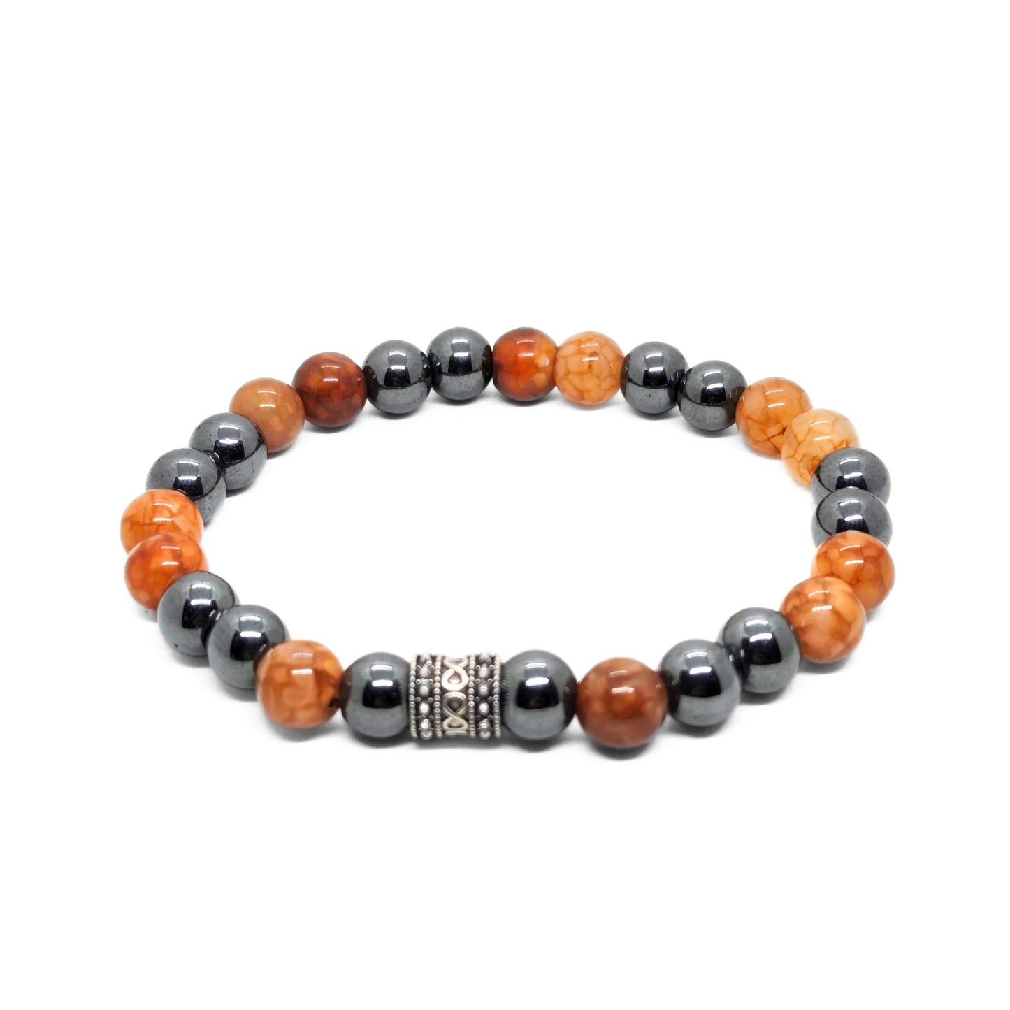 Natural Agate & Hematite G-20 Stone Bracelet features alternating orange agate and shiny hematite beads with a decorative sil