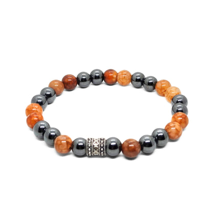 Natural Agate & Hematite G-20 Stone Bracelet features alternating orange agate and shiny hematite beads with a decorative sil