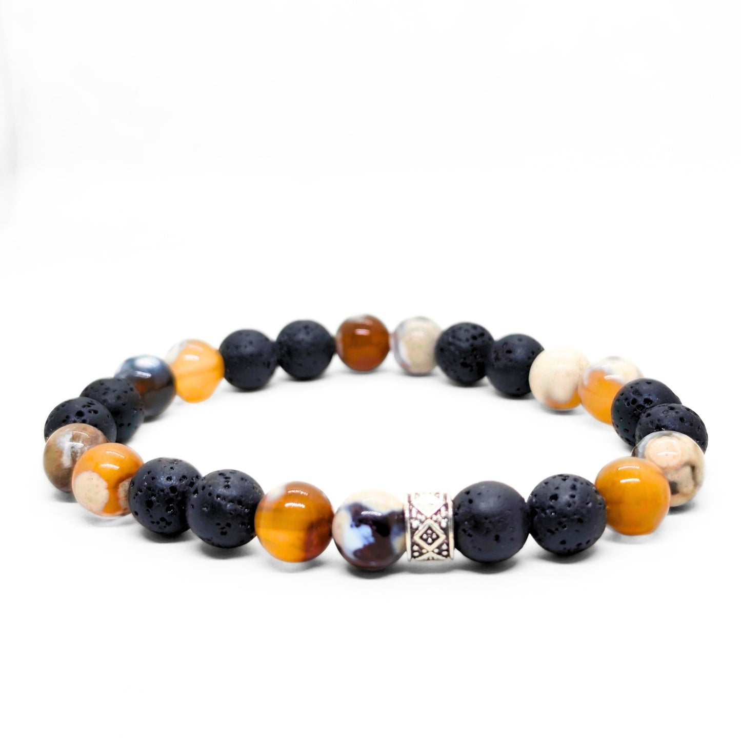 Men's beaded stone bracelet with black lava, orange beads, white agate, and patterned clasp bead