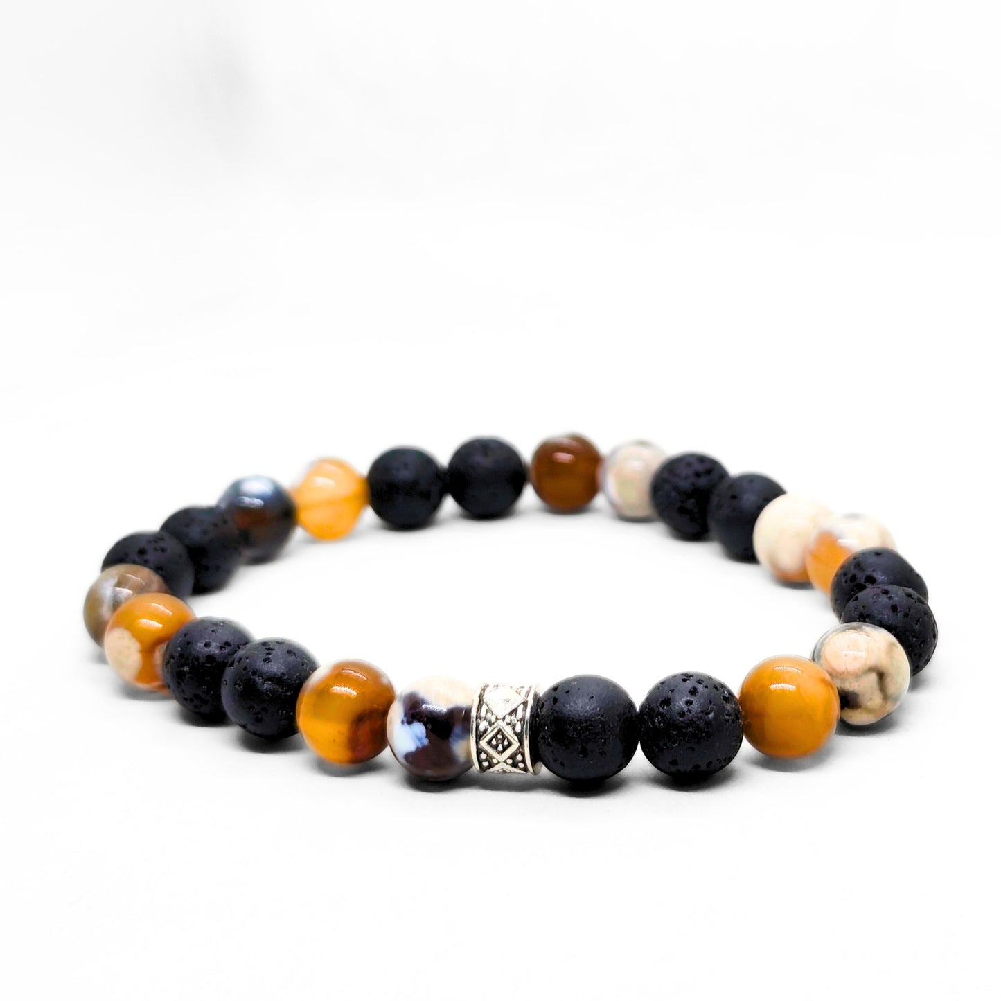 Men's stone beaded bracelet with black lava and amber beads plus silver-tone center spacer