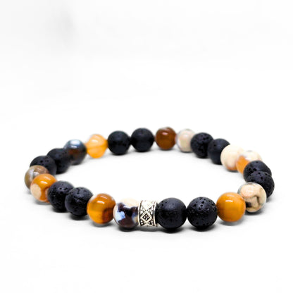 Men's stone beaded bracelet with black lava and amber beads plus silver-tone center spacer