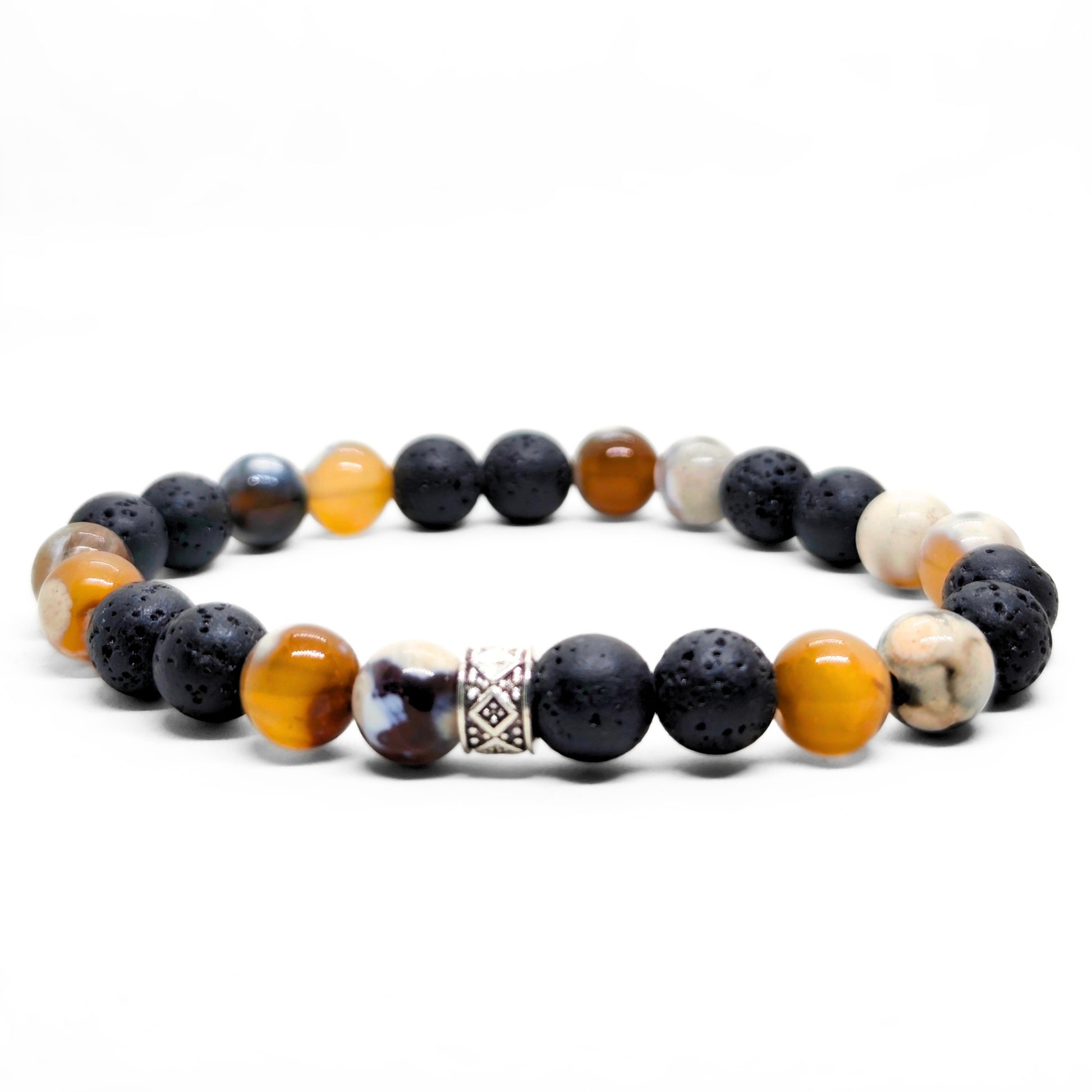 Men's beaded stone bracelet with black lava rocks, orange, and white agate beads