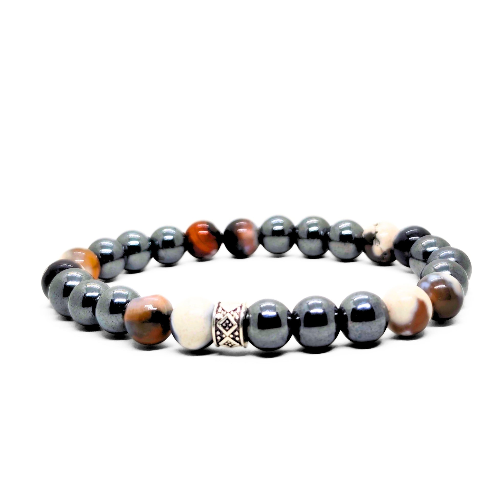 Natural Agate & Hematite G-22 Stone Bracelet featuring alternating dark hematite and patterned agate beads.