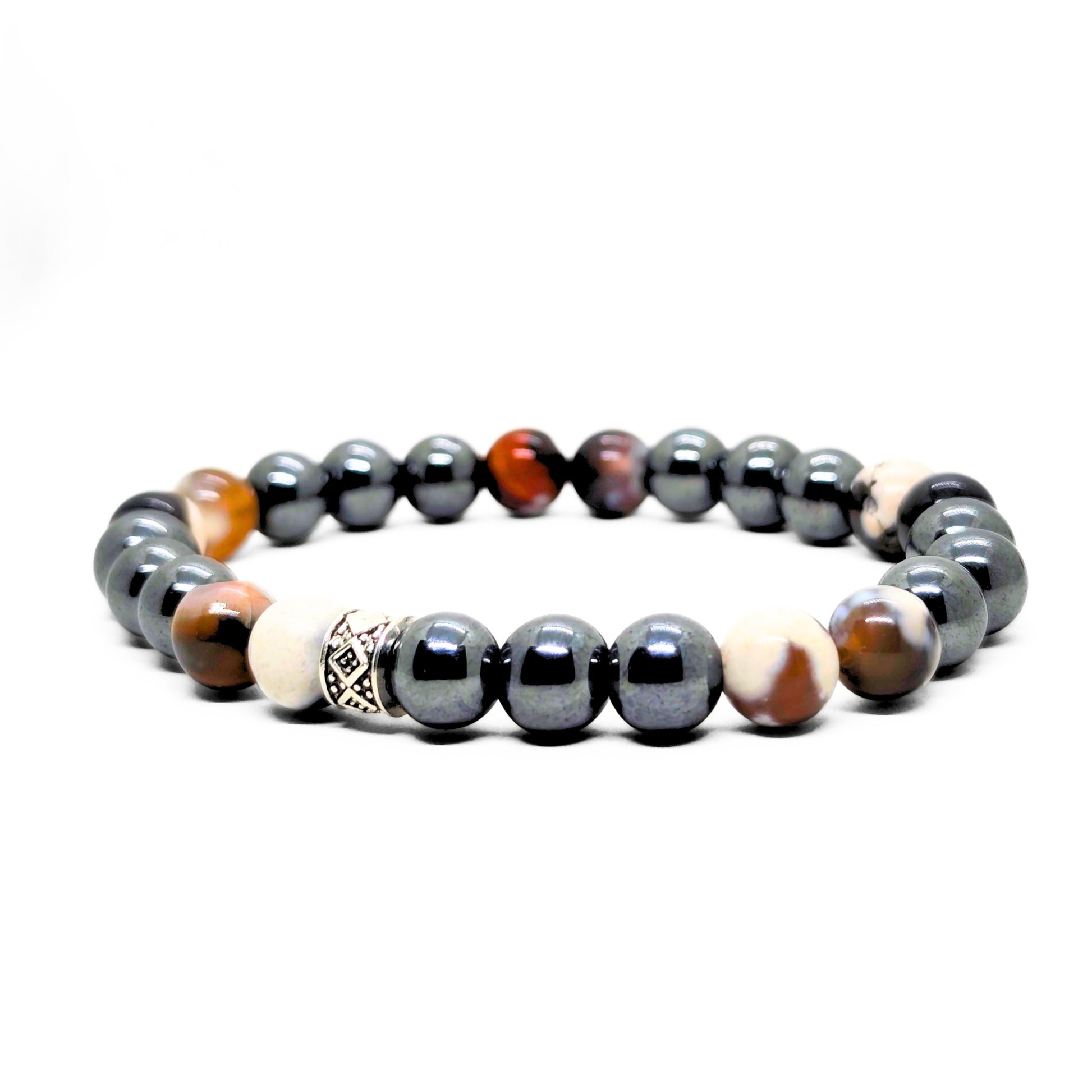 Natural Agate & Hematite G-22 Stone Bracelet featuring alternating dark hematite and colorful agate beads with a decorative c