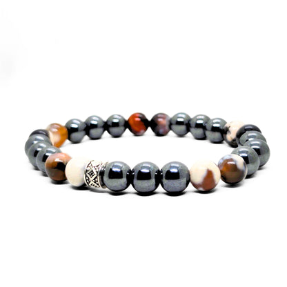 Natural Agate & Hematite G-22 Stone Bracelet featuring alternating dark hematite and colorful agate beads with a decorative c