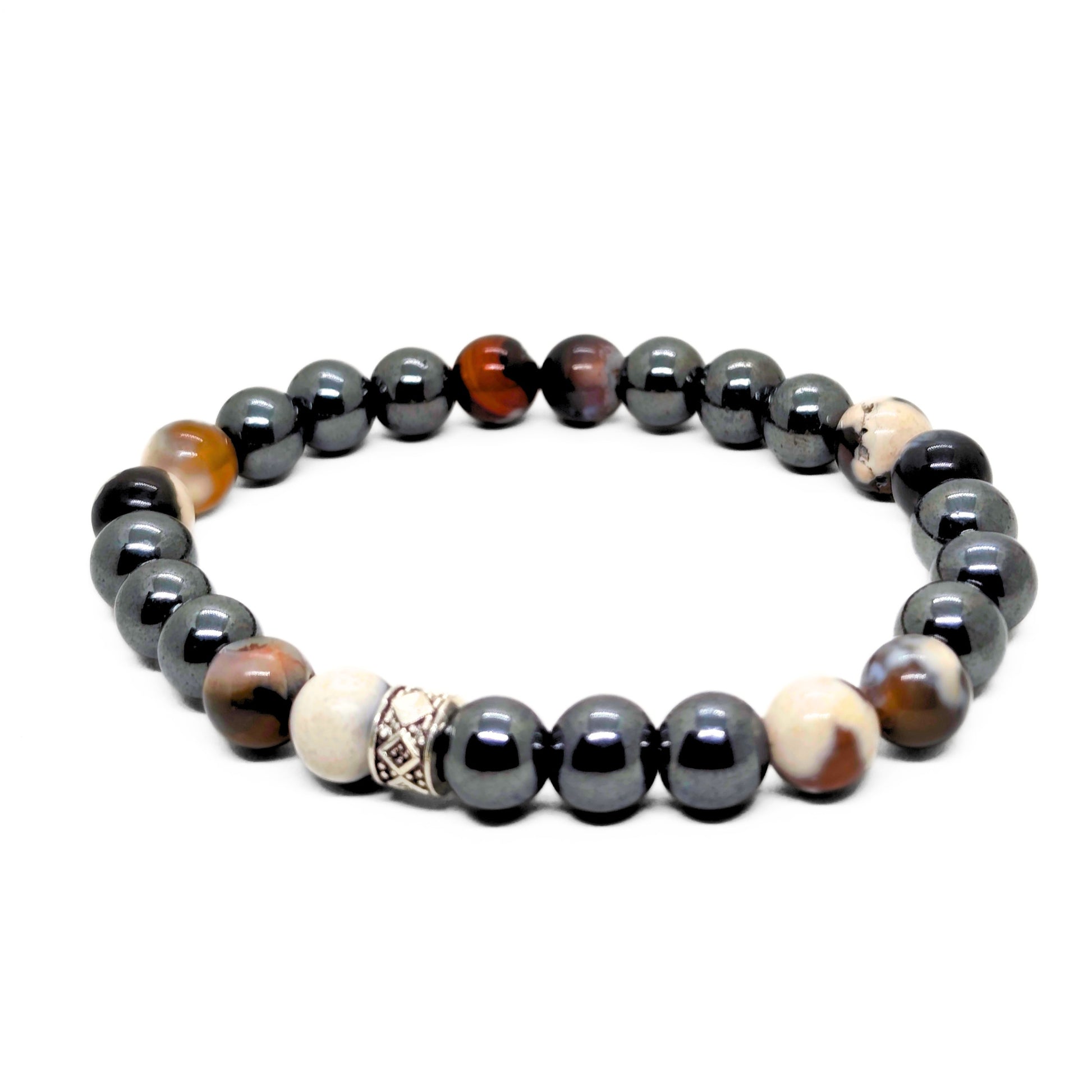 Natural Agate & Hematite G-22 Stone Bracelet for men featuring a mix of dark and light beads with a decorative centerpiece.