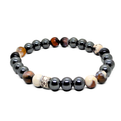Natural Agate & Hematite G-22 Stone Bracelet for men featuring a mix of dark and light beads with a decorative centerpiece.