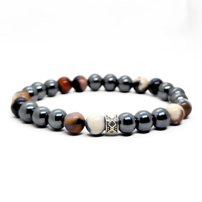 Natural Agate & Hematite G-22 Stone Bracelet for men featuring a mix of dark and light beads with a decorative silver accent.