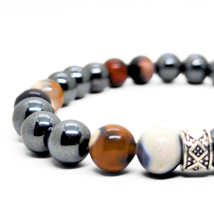Natural Agate & Hematite - G-22 Stone Bracelet featuring polished beads in earthy tones and a decorative silver accent.